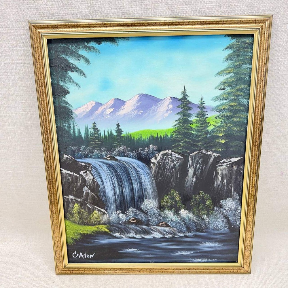 Allen Signed Original Oil Painting Mountain Landscape Waterfall Framed 21x17
